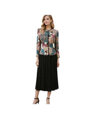 Adrianna Papell Silk Printed Jacket & Black Jacquard Pleated Skirt Set – 8P